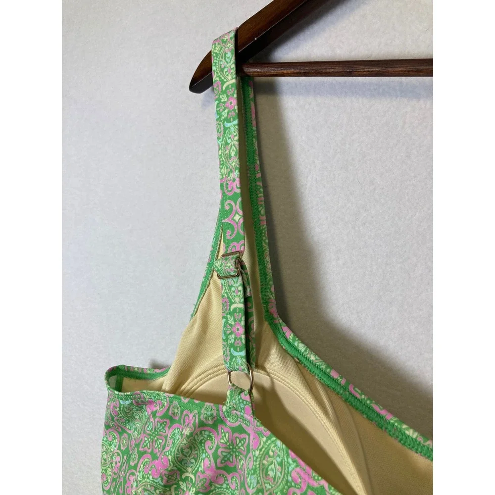 Boho Preppy Susan‎ Graver Womens 28W Green Pink Paisley Scalloped Tankini Top